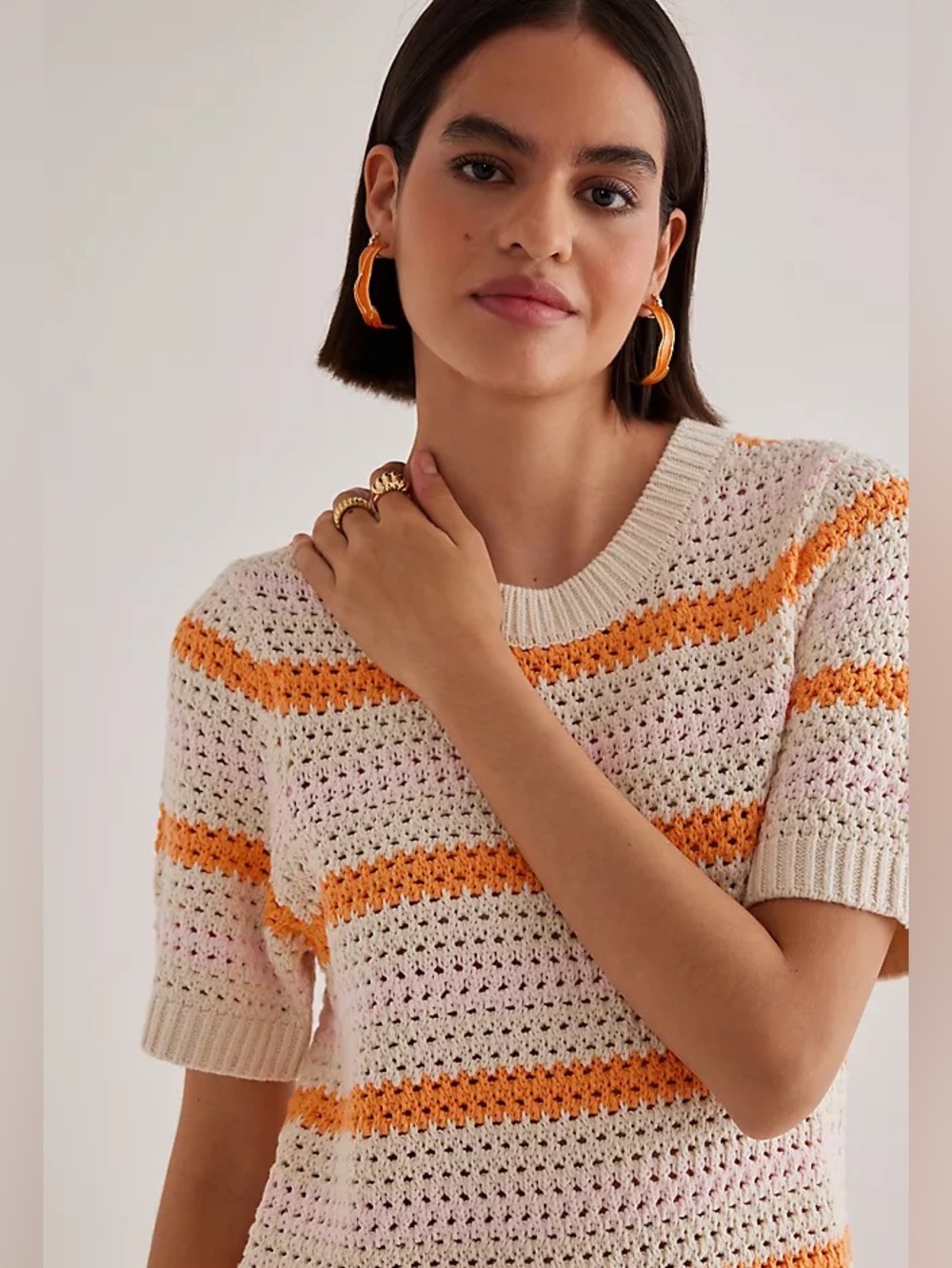 Anthropologie Selected Femme Ivory Orange Pink Stripe Short Sleeve Sweater L NWT